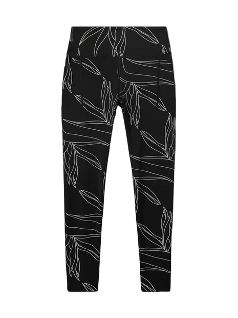 Rabbit Low Light Speed Tights women's running tights in Black Reflective, black with white leaf line print, flat view