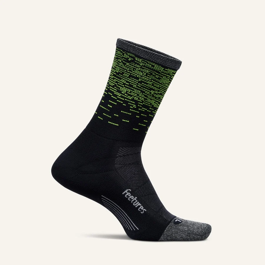 Feetures Elite Light Cushion Mini Crew sock in Light Wave, black with green dash pattern cuff and grey toe
