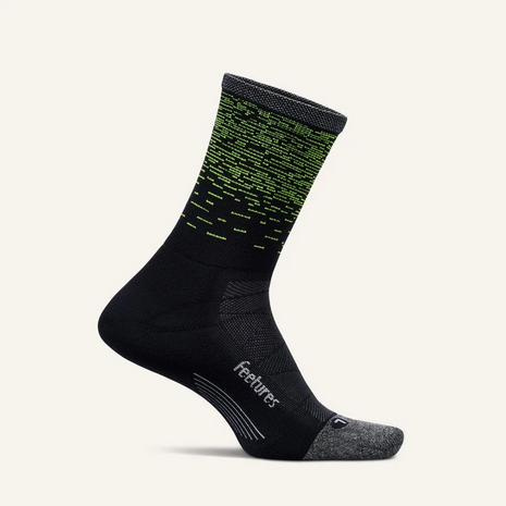 Feetures Elite Light Cushion Mini Crew sock in Light Wave, black with green dash pattern cuff and grey toe