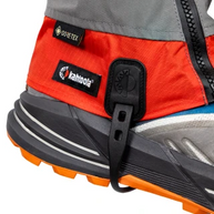 Close-up of the Kahtoola LEVAgaiter GTX Mid in Cardinal showing Gore-Tex and Kahtoola labels and strap