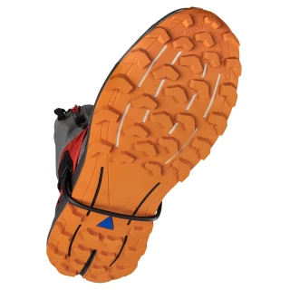 Underside of a trail shoe showing the strap of the Kahtoola LEVAgaiter GTX Mid in Cardinal