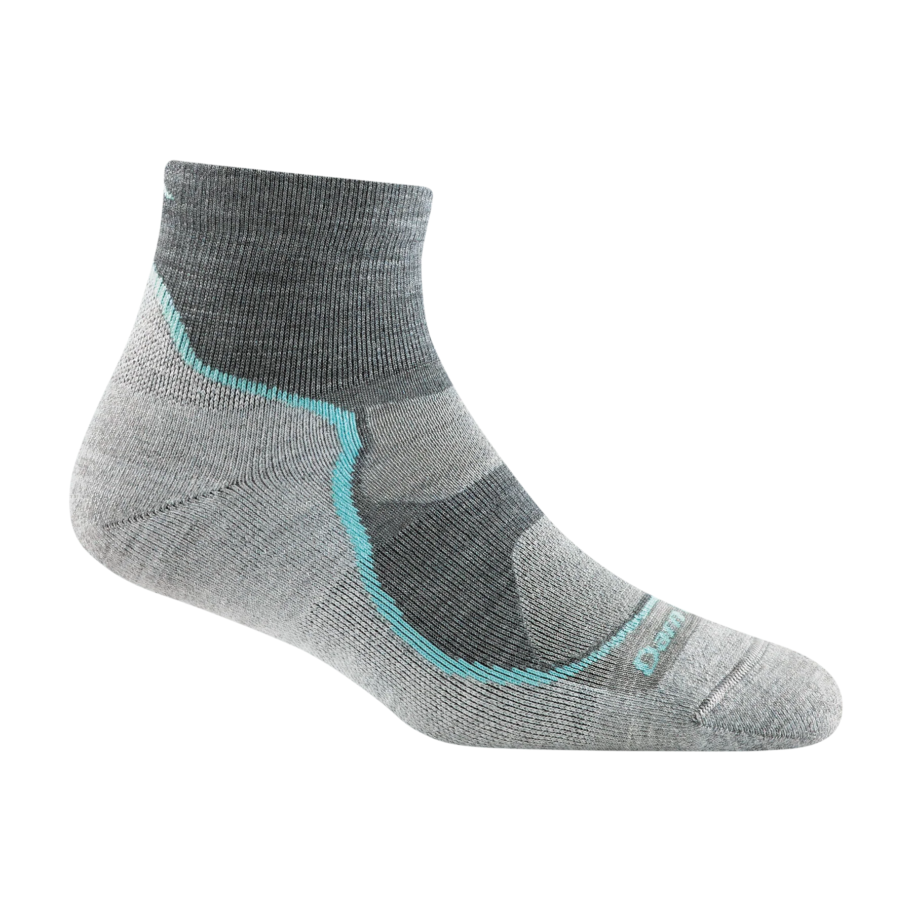 Light Hiker Quarter Lightweight Hiking Sock - Women by Darn Tough in grey with blue accents, ankle-covering, smooth cuff, breathable hiking sock