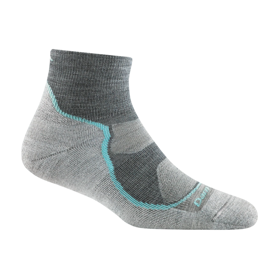 Light Hiker Quarter Lightweight Hiking Sock - Women by Darn Tough in grey with blue accents, ankle-covering, smooth cuff, breathable hiking sock