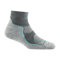 Light Hiker Quarter Lightweight Hiking Sock - Women by Darn Tough in grey with blue accents, ankle-covering, smooth cuff, breathable hiking sock