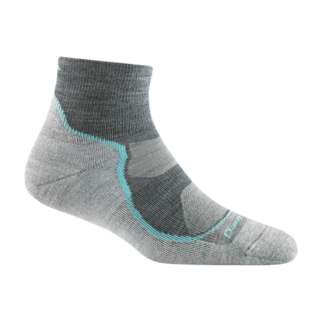 Light Hiker Quarter Lightweight Hiking Sock - Women by Darn Tough in grey with blue accents, ankle-covering, smooth cuff, breathable hiking sock