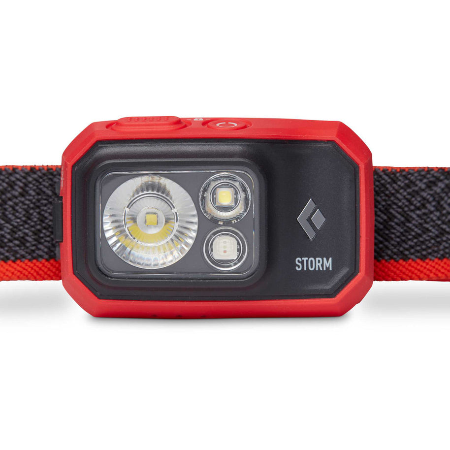 Storm 450 Headlamp by Black Diamond in red and black, waterproof dual-fuel LED headlamp for bright outdoor adventures