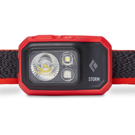 Storm 450 Headlamp by Black Diamond in red and black, waterproof dual-fuel LED headlamp for bright outdoor adventures