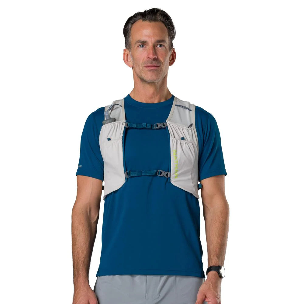 Pinnacle Run Lite Vest by Nathan in light grey, ultra-lightweight breathable hydration vest for road and trail running training