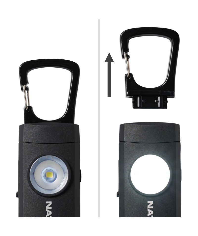 Siren LED Alarm RX by Nathan in black, rechargeable USB-A to USB-C safety light with detachable carabiner for outdoor visibility and protection