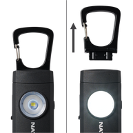 Siren LED Alarm RX by Nathan in black, rechargeable USB-A to USB-C safety light with detachable carabiner for outdoor visibility and protection