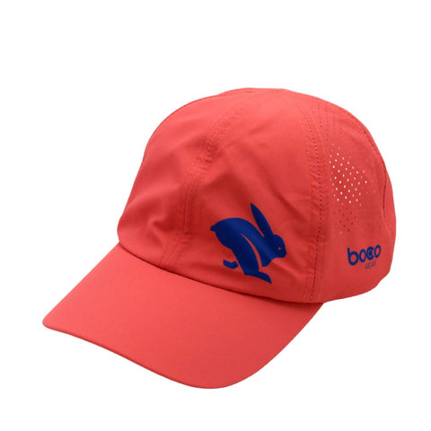 Elite Hat by BOCO in coral with blue logo, lightweight woven cap with laser-cut vents for ventilation, ideal for sun and gear protection outdoors