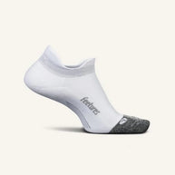 Elite Light Cushion No Show Tab - Women by Feetures in white and grey, anatomical fit with targeted compression and light cushioning for running comfort