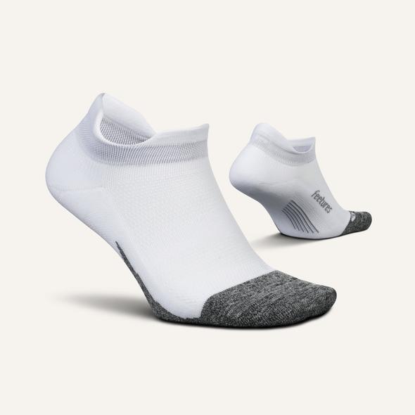 Elite Light Cushion No Show Tab - Women by Feetures in white and grey with anatomical design, targeted compression, and light cushioning for blister prevention and impact protection, ideal for running and active use.