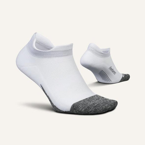 Elite Light Cushion No Show Tab - Women by Feetures in white and grey with anatomical design, targeted compression, and light cushioning for blister prevention and impact protection, ideal for running and active use.