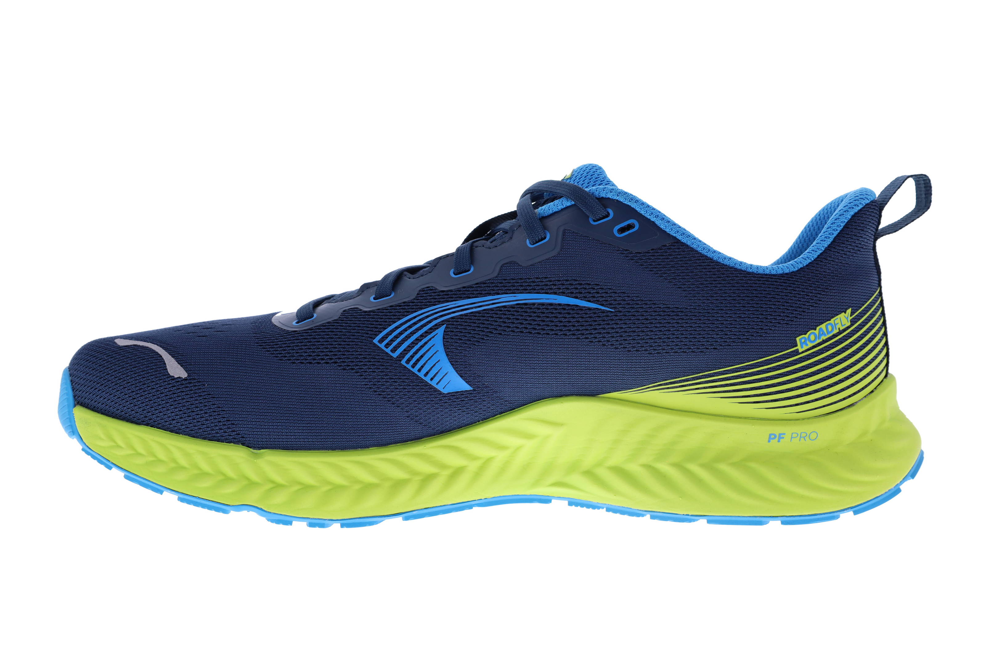RoadFly Wide - Men by Inov8 in navy blue and lime green lightweight road running shoe designed for fast pavement and path running