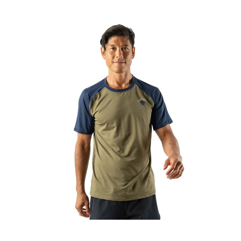 EZ Tee Perf SS Trail - Men by Rabbit in olive and navy breathable perforated short sleeve top for lightweight trail running and outdoor use