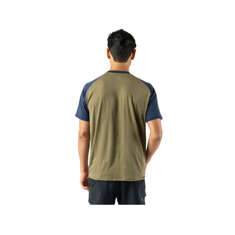 EZ Tee Perf SS Trail - Men by Rabbit in olive green and navy, lightweight breathable trail running top with perforations for enhanced airflow