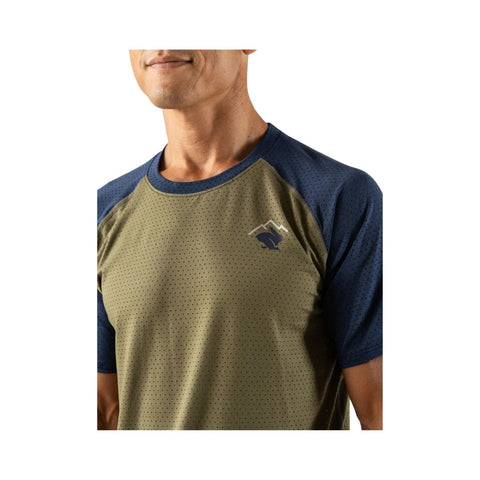 EZ Tee Perf SS Trail - Men by Rabbit in olive and navy, lightweight breathable trail running shirt with perforations for ventilation designed for comfort and breathability