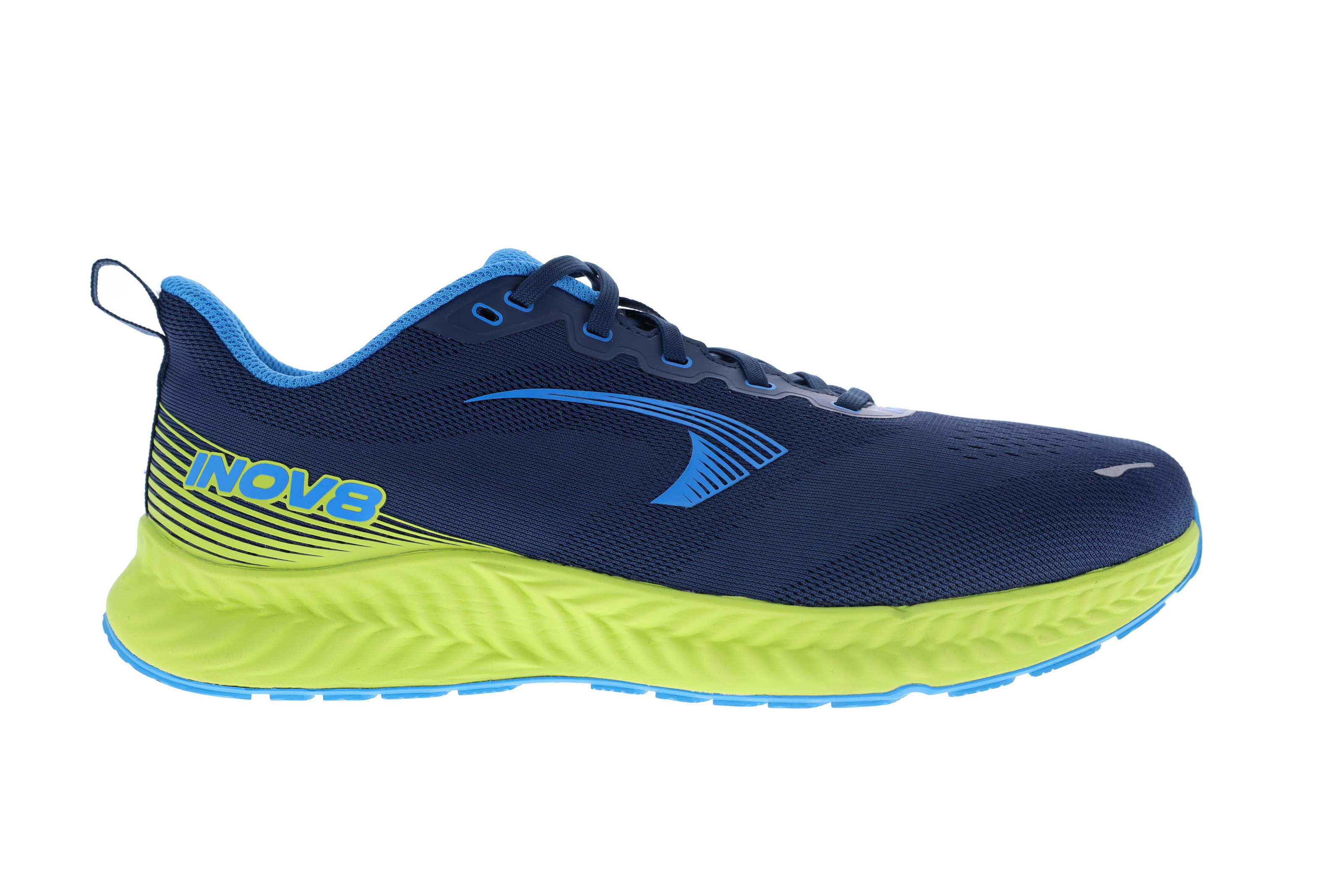 RoadFly Wide - Men by Inov8 in navy and lime, lightweight road running shoe with cushioned sole for fast pavement and path running