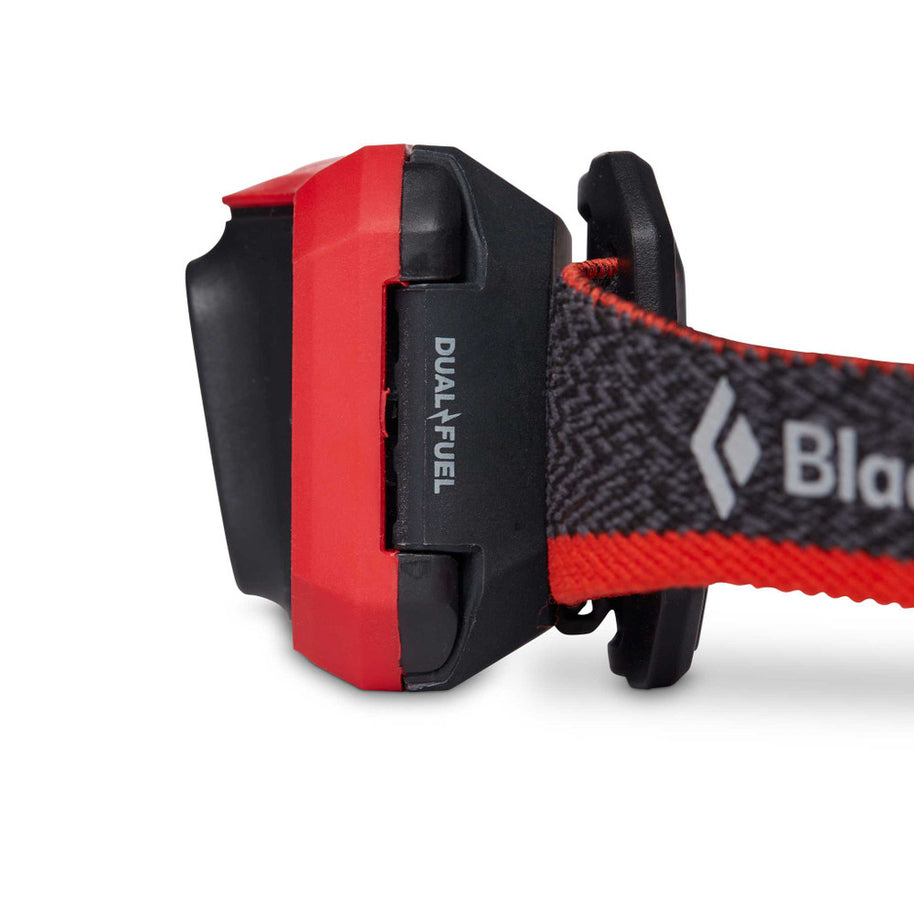 Storm 450 Headlamp by Black Diamond in red and black with dual-fuel waterproof design for rugged outdoor adventures