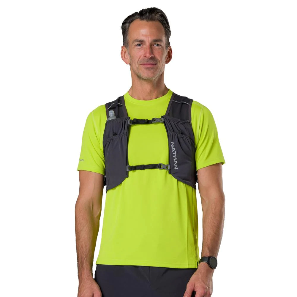 Pinnacle Run Lite Vest by Nathan in black and grey, ultra-lightweight breathable hydration vest for road and trail running training