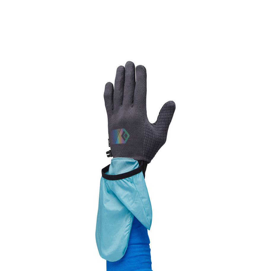 Deploy Wind Hood Gloves by Black Diamond in black and blue with stowable wind hood, designed for year-round training and cold weather protection