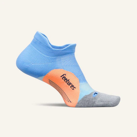 Elite Light Cushion No Show Tab by Feetures in blue and grey with orange arch support, lightweight anatomical running socks designed for comfort and performance