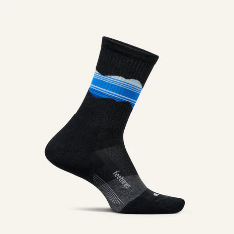 Trail Max Cushion Mini-Crew by Feetures in black and blue, cushioned anatomical socks with targeted compression for hiking and trail running