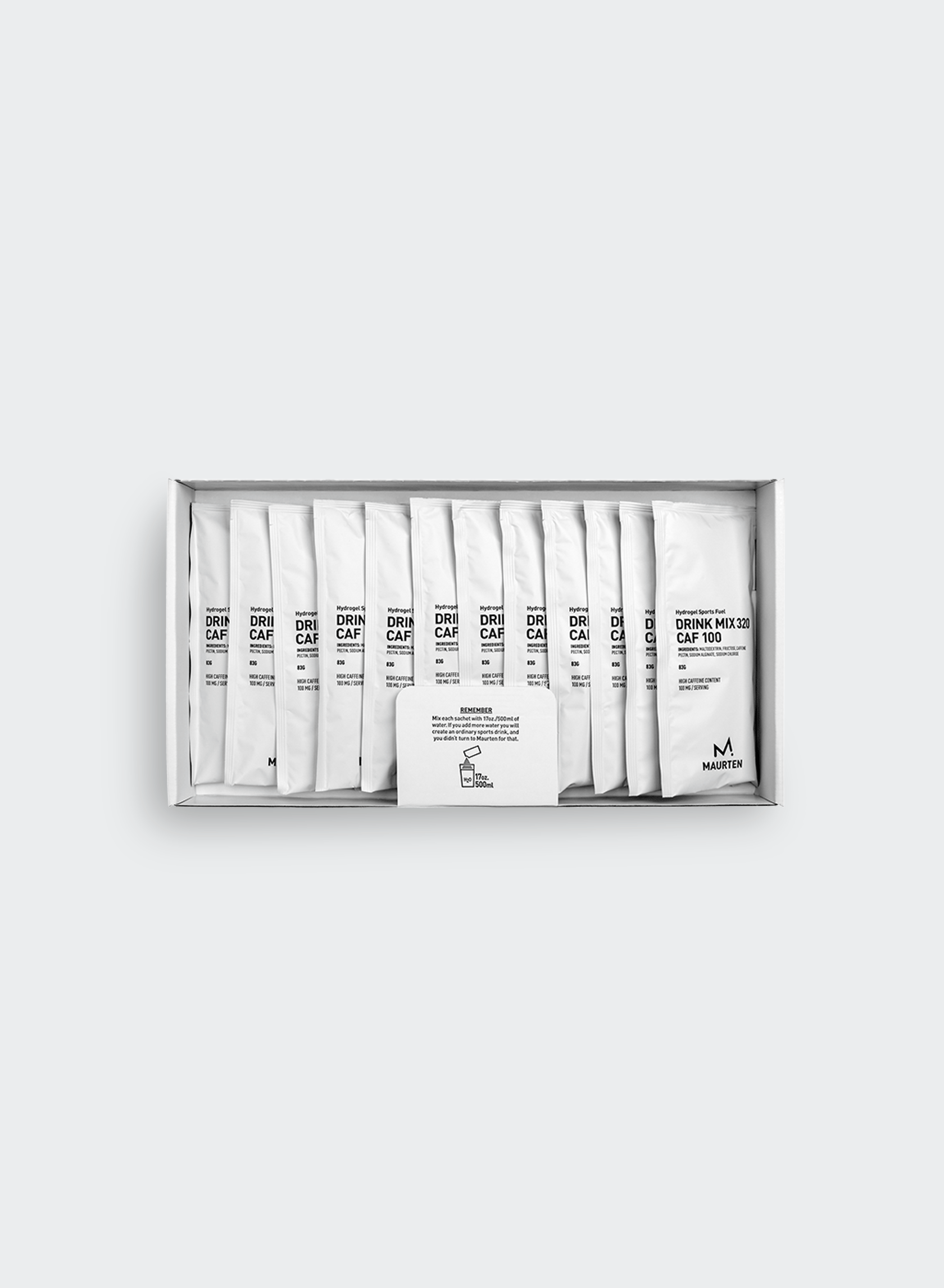 Drink Mix 320 Caf 100 by Maurten in white packaging, caffeinated nutrition drink mix with carbs and hydration, sold in full box for running in Canada