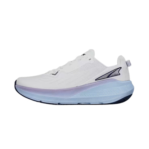 FWD Via - Women by Altra Footwear in white and light blue with max cushion, rocker geometry, and roomy toe box for road running.