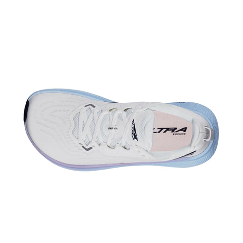 FWD Via - Women by Altra Footwear in white and light blue, cushioned road running shoe with rocker geometry and roomy toe box for comfort