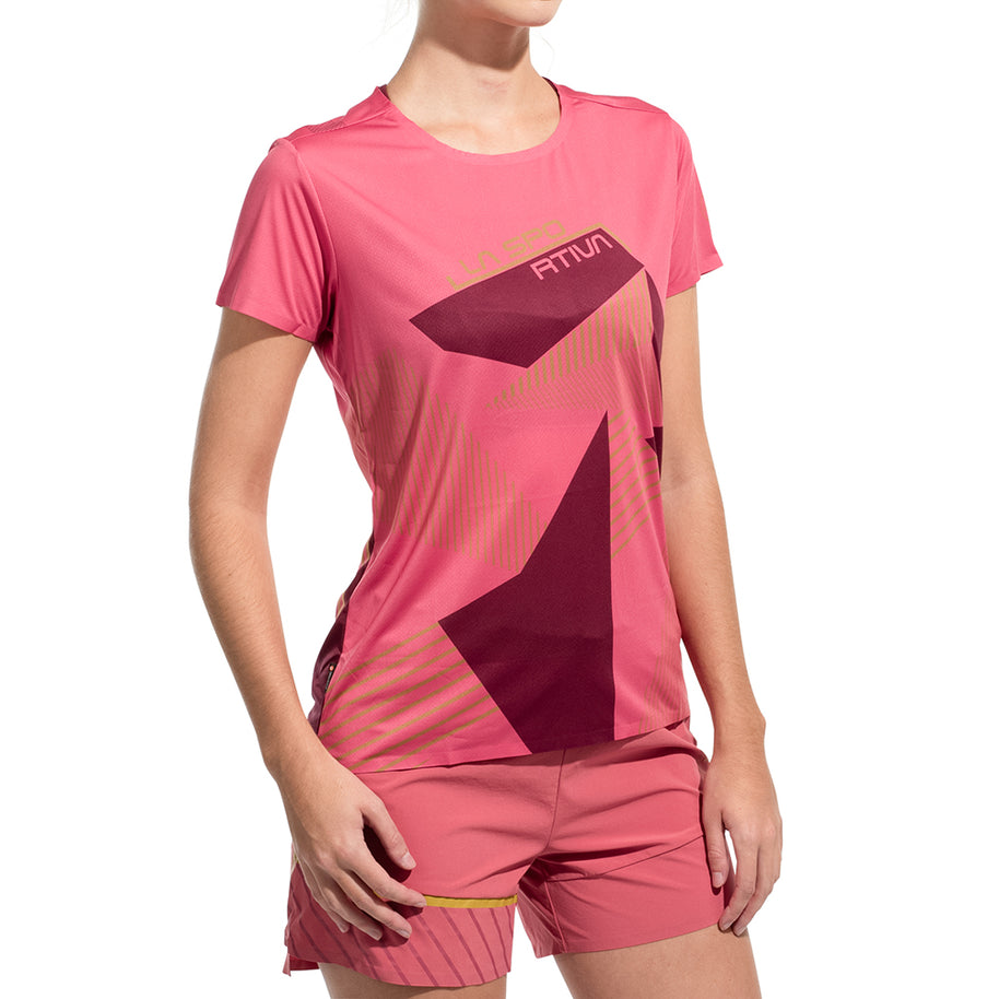 Comp T-Shirt - Women by La Sportiva in pink with bonded hems, anti-odor recycled polyester top for climbing comfort and full motion