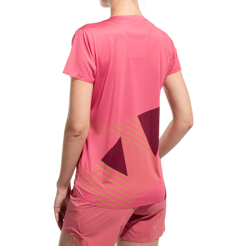 Comp T-Shirt - Women by La Sportiva in pink with bonded hems, lightweight recycled polyester top for climbing comfort and full motion