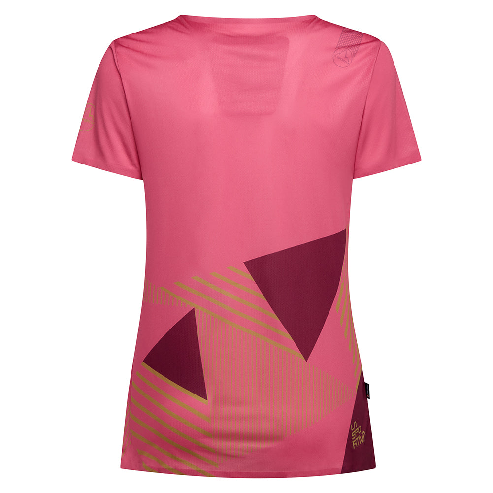 Comp T-Shirt - Women by La Sportiva in pink with geometric design, lightweight climbing top with bonded hems and anti-odor treatment for comfort