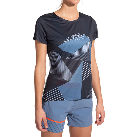 Comp T-Shirt - Women by La Sportiva in black and blue, lightweight climbing top with bonded hems, antibacterial treatment, and regular fit for comfort