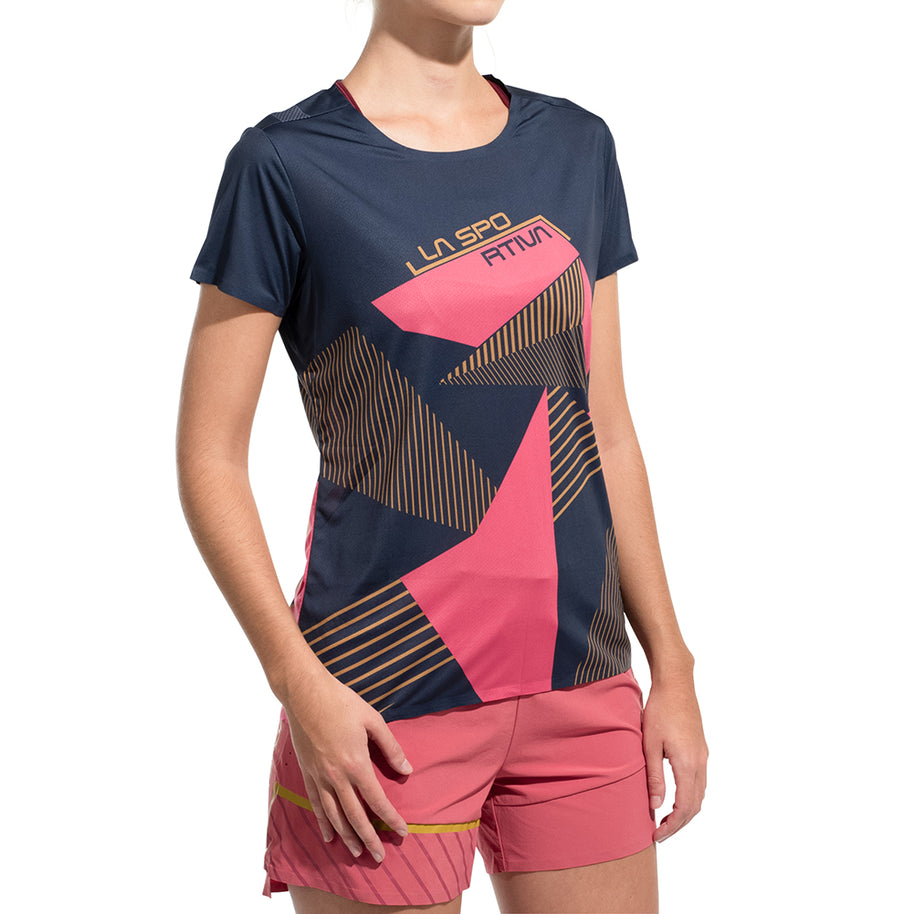 Comp T-Shirt - Women by La Sportiva in navy and pink lightweight climbing top with bonded hems, anti-odor treatment, and full motion fit