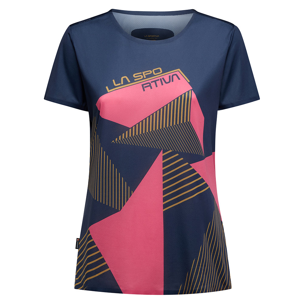 Comp T-Shirt - Women by La Sportiva in navy and pink lightweight climbing top with bonded hems and anti-odor polygiene treatment