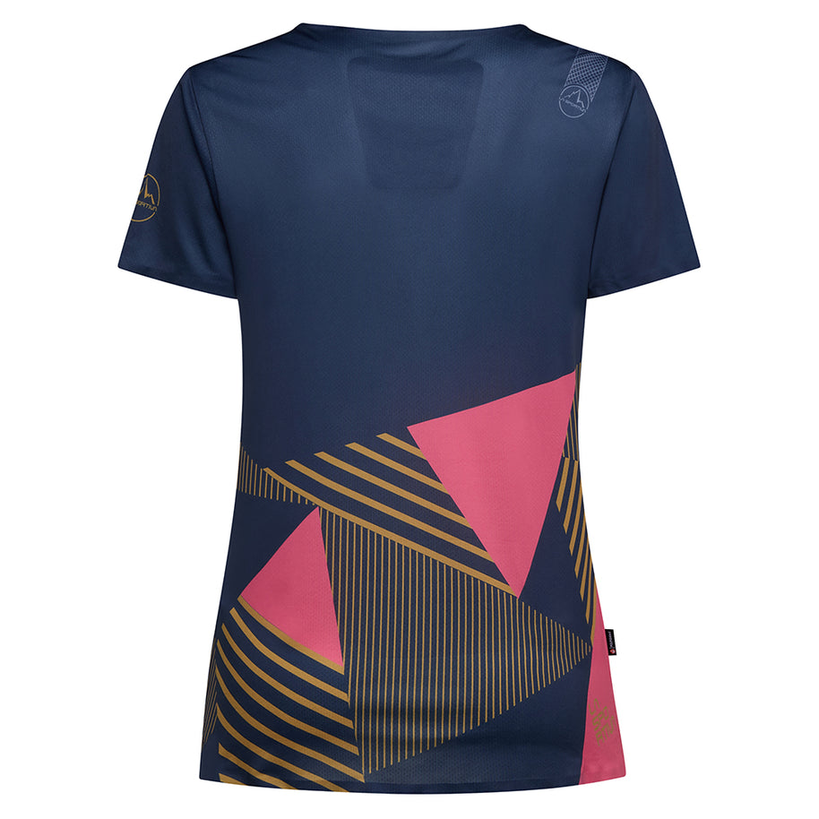 Comp T-Shirt - Women by La Sportiva in navy with pink geometric design, lightweight climbing top with bonded hems and anti-odor treatment