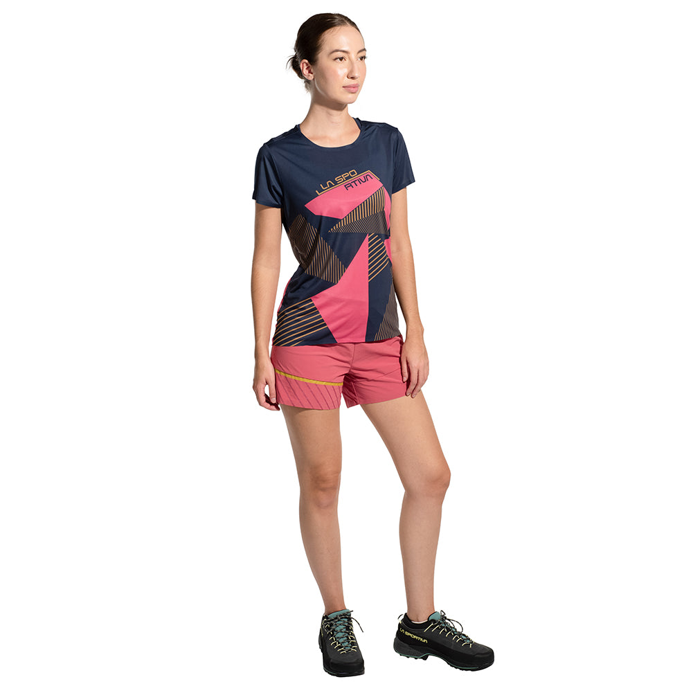 Comp T-Shirt - Women by La Sportiva in navy and pink, lightweight climbing top with bonded hems and anti-odor recycled polyester for comfort and range of motion