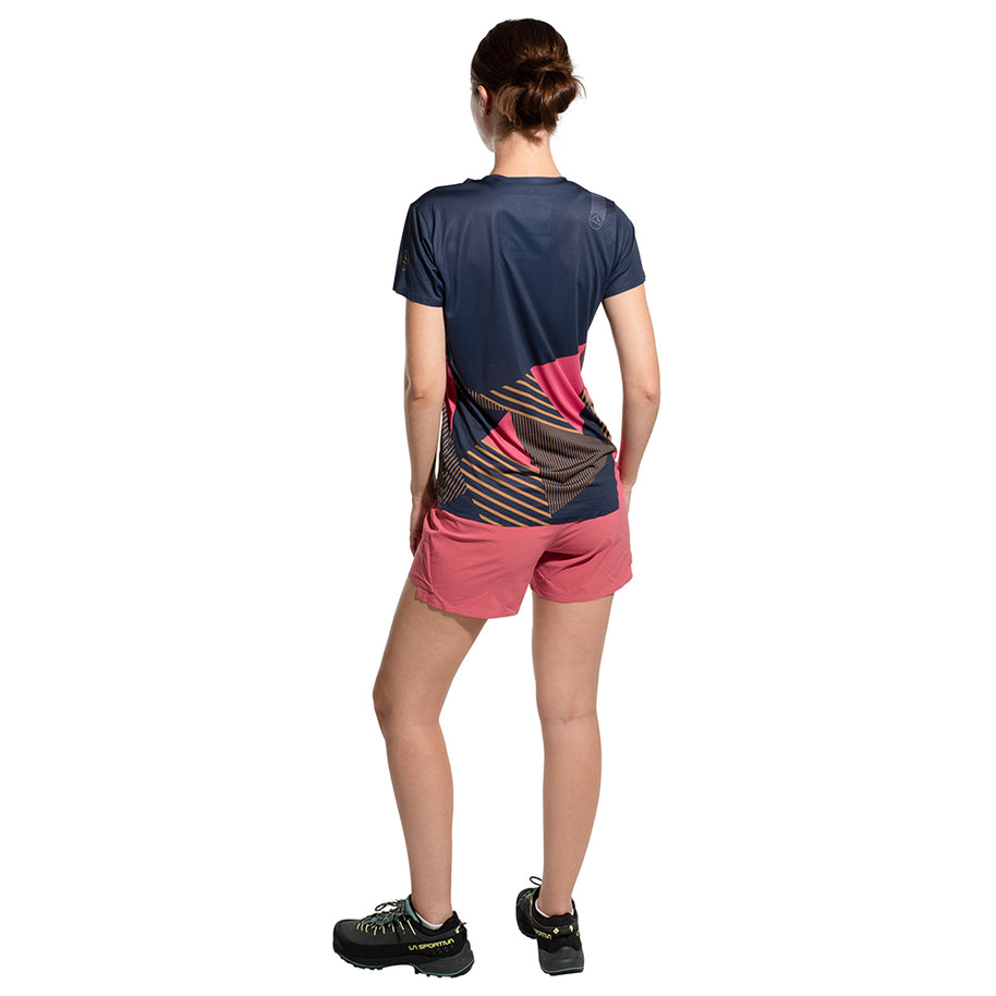 Comp T-Shirt - Women by La Sportiva in navy and pink, lightweight climbing top with bonded hems and anti-odor treatment for comfort and motion