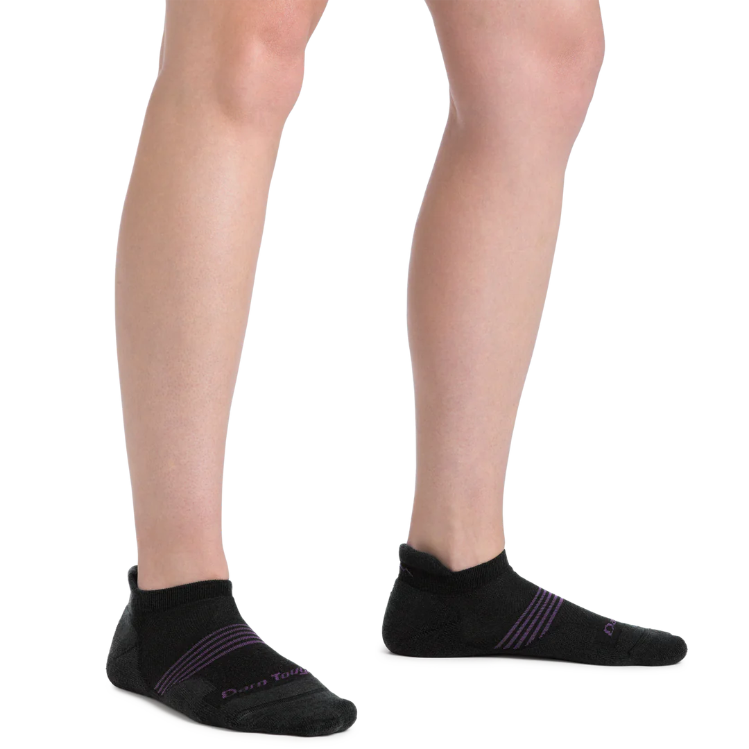 Element No Show Tab Lightweight w/Cushion Running Sock - Women by Darn Tough in black with purple stripes, cushioned for comfort and rebounding support during running.