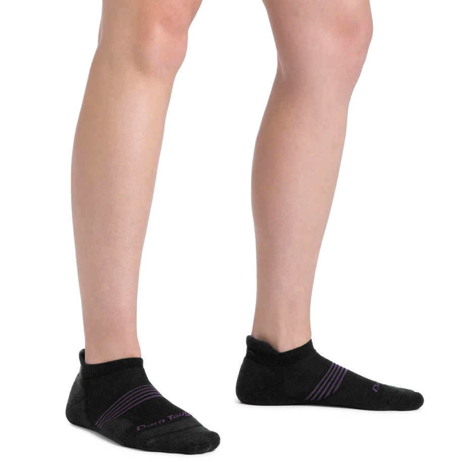 Element No Show Tab Lightweight w/Cushion Running Sock - Women by Darn Tough in black with purple stripes, cushioned for comfort and rebounding support during running.