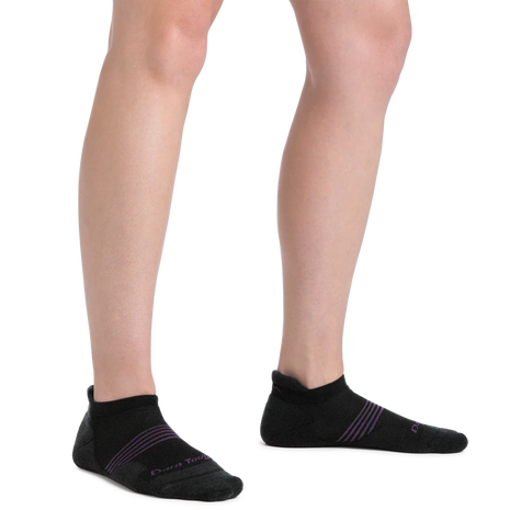 Element No Show Tab Lightweight w/Cushion Running Sock - Women by Darn Tough in black with purple stripes, cushioned for comfort and rebounding support during running.