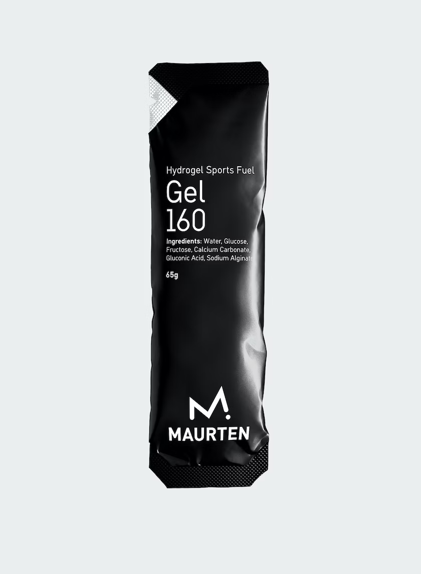Gel 160 by Maurten in black packaging, hydrogel sports fuel with no colors or preservatives, ideal for running nutrition and endurance