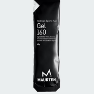 Gel 160 by Maurten in black packaging, hydrogel sports fuel with no colors or preservatives, ideal for running nutrition and endurance