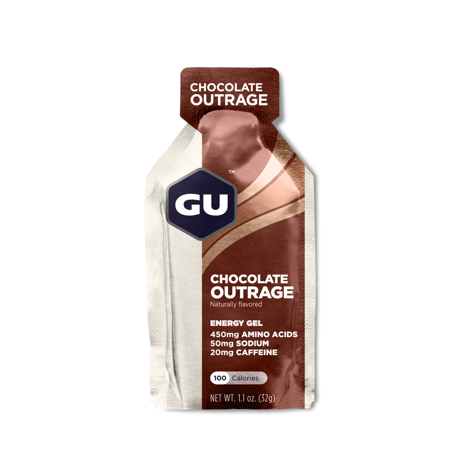 Original Energy Gel by GU Energy in chocolate outrage flavor, quick energy pack with amino acids and caffeine for running and sports