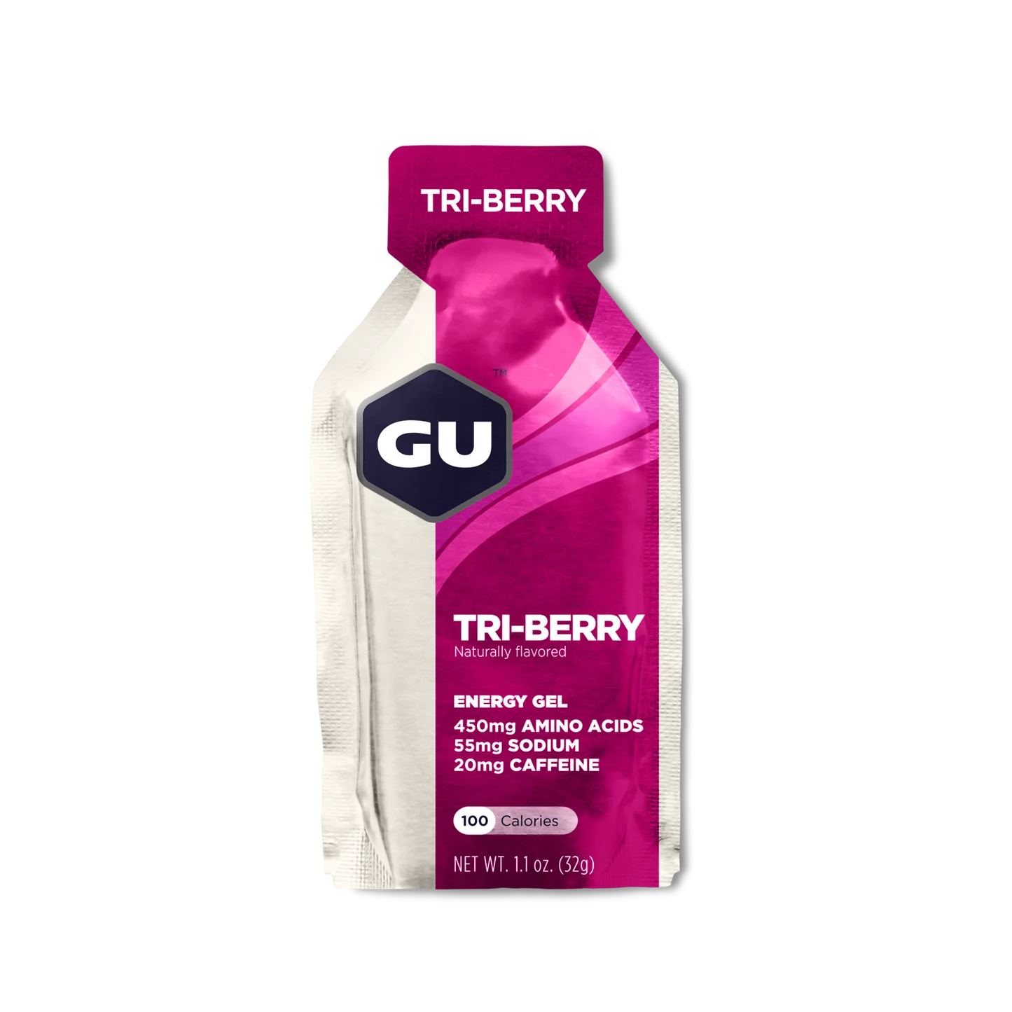 Original Energy Gel tri-berry flavor by GU Energy in purple and white packet with 450mg amino acids, 20mg caffeine for sustained running energy