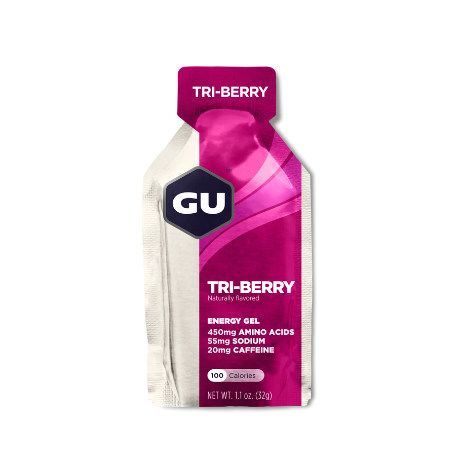 Original Energy Gel tri-berry flavor by GU Energy in purple and white packet with 450mg amino acids, 20mg caffeine for sustained running energy