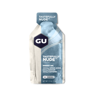 Original Energy Gel Tastefully Nude by GU Energy in beige and blue, unflavored energy gel with caffeine for quick, sustained energy during running and outdoor activities