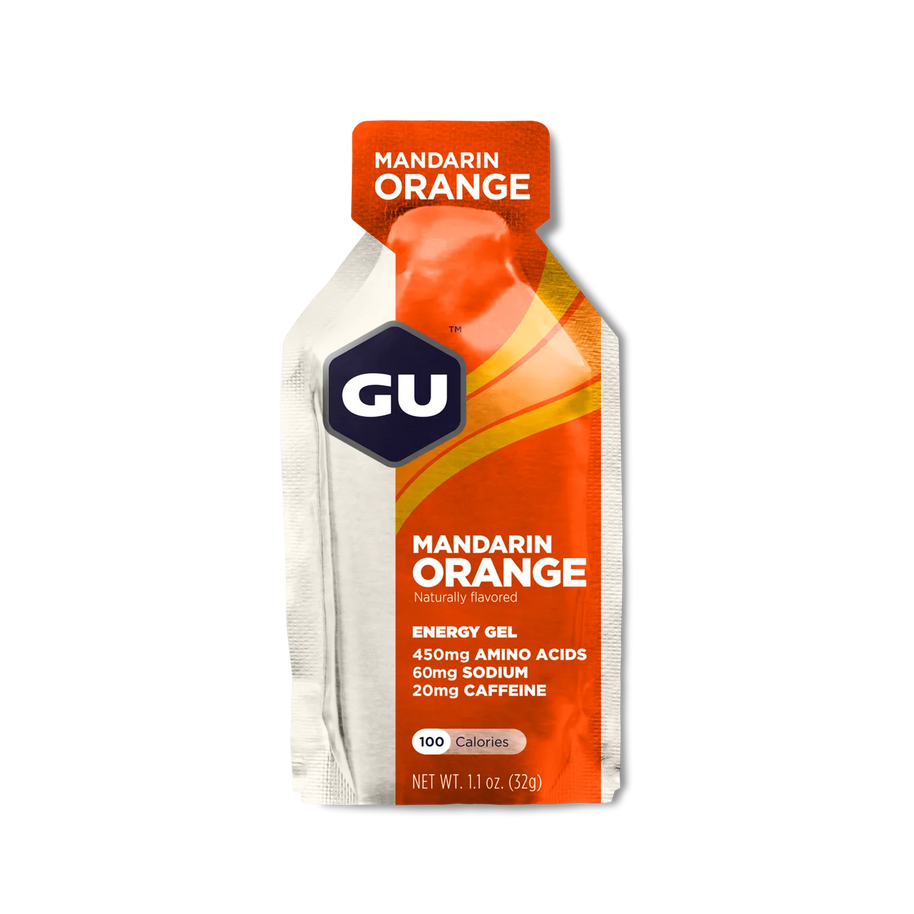 Original Energy Gel Mandarin Orange by GU Energy in orange and white, quick energy gel with amino acids and caffeine for running and endurance activities